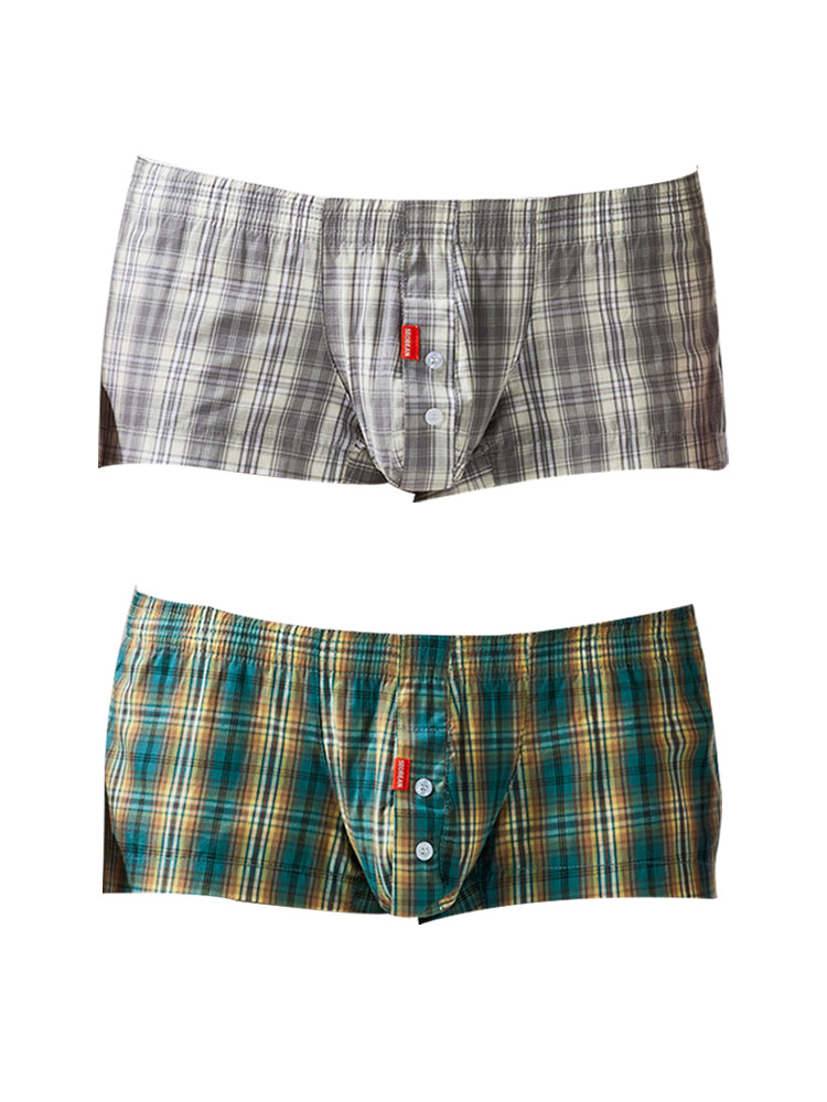 2 Pack Men's Pure Cotton Plaid Boxer Shorts with Button Fly | dmunderwear variant image