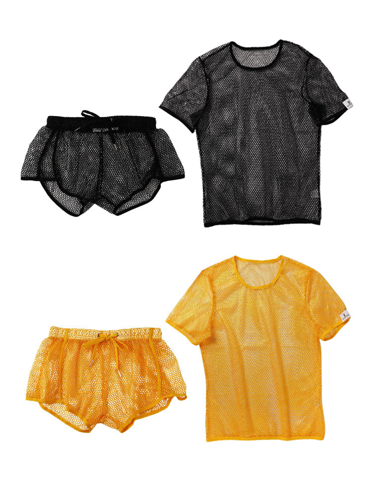 2 Pack Men's Breathable See-Through Hollow Design Loose-Fit Activewear Tops & Shorts | dmunderwear variant image