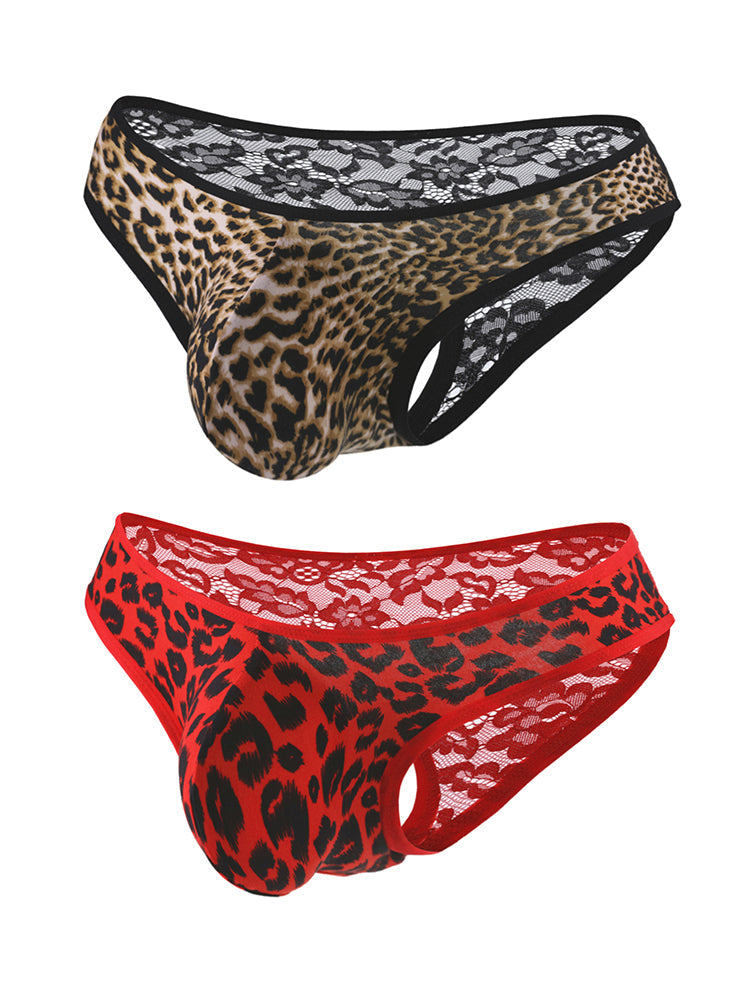 2 Pack Men's Low-Rise Lace-Patched Leopard Print sheer Stretch U-Pouch Bikini | dmunderwear variant image