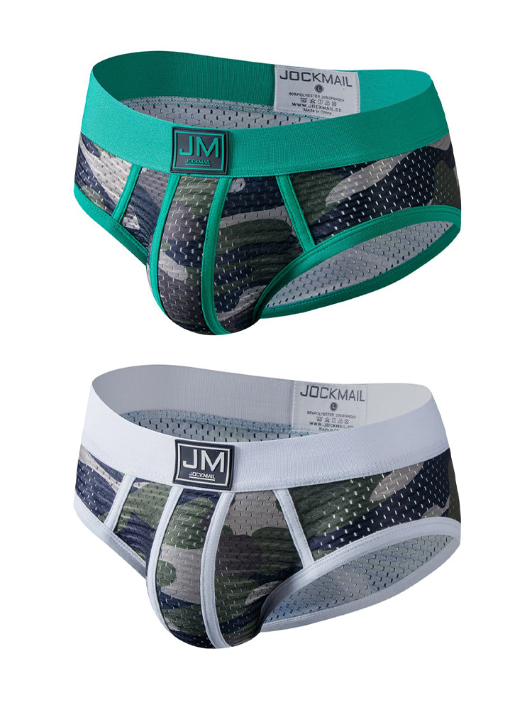 2 Pack Men's Sexy Sheer Camouflage Print Mesh Low-Rise Breathable & Quick-Dry Briefs | dmunderwear variant image