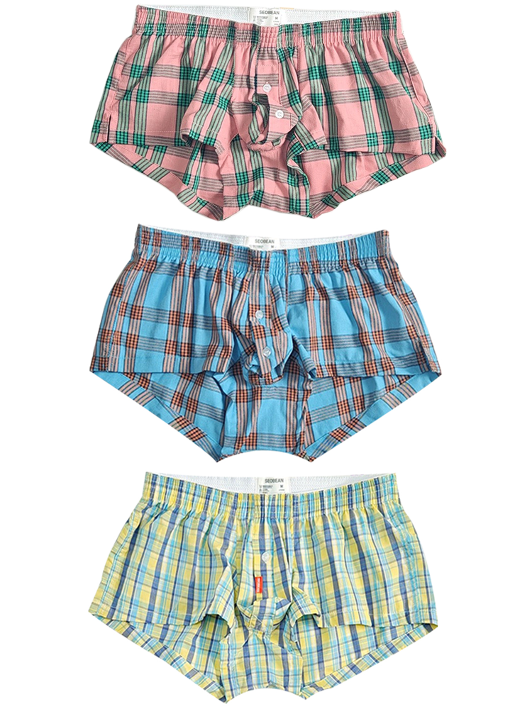 3 Pack Men's Plaid Cotton Trunks with Button Fly | dmunderwear variant image