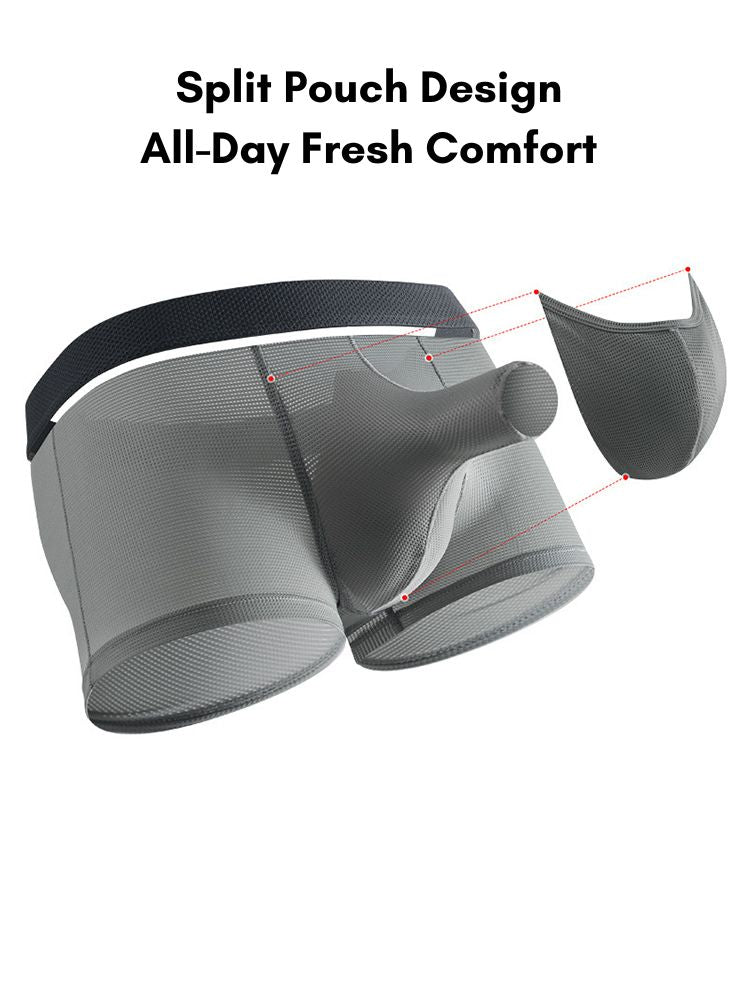 3 Pack Men's Ice Silk Front Split Pouch Breathable Mesh Cooling Comfort Trunks | dmunderwear detail image 3