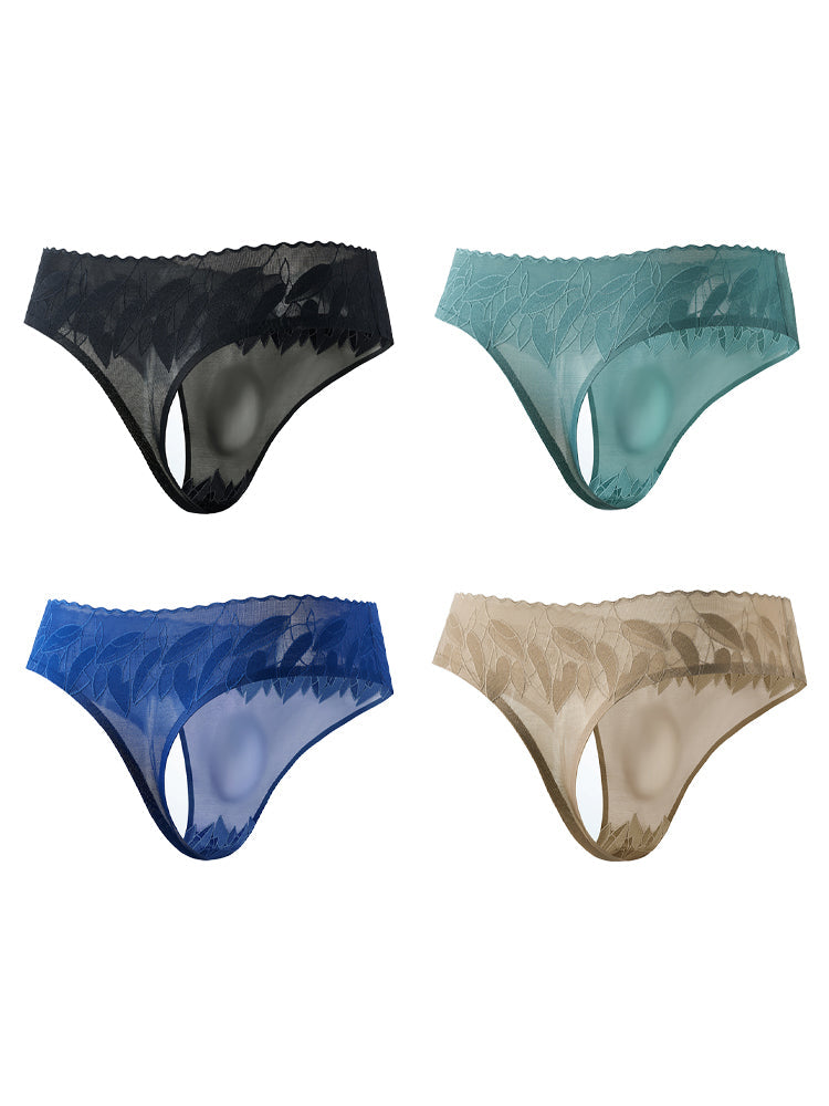 4 Pack Men's High-Stretch & Low-Rise Lace Trim Large Pouch Thongs | dmunderwear variant image