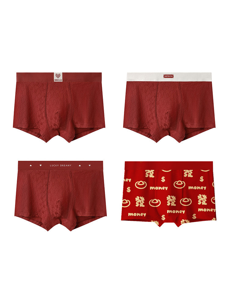 4 Pack Men's Soft Jacquard Cotton Lucky Red Breathable Trunks | dmunderwear variant image