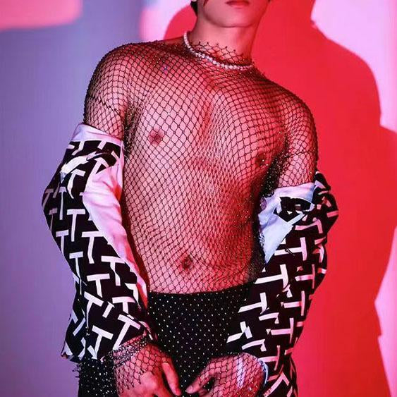 Beaded hollow out long sleeve fishnet see through top | dmunderwear