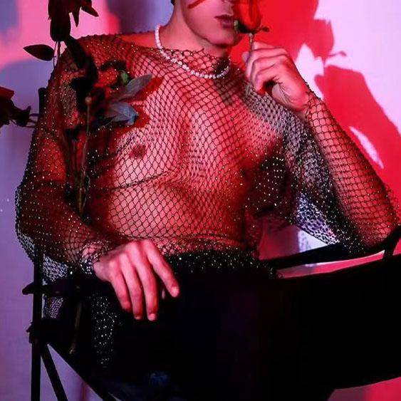 Beaded hollow out long sleeve fishnet see through top | dmunderwear detail image 2