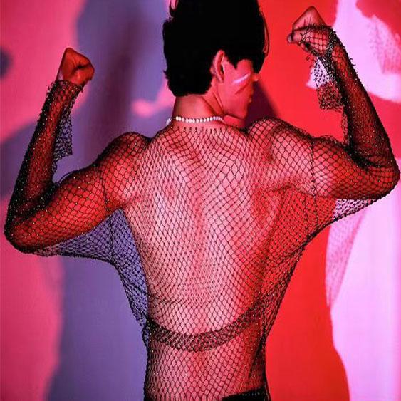 Beaded hollow out long sleeve fishnet see through top | dmunderwear detail image 3