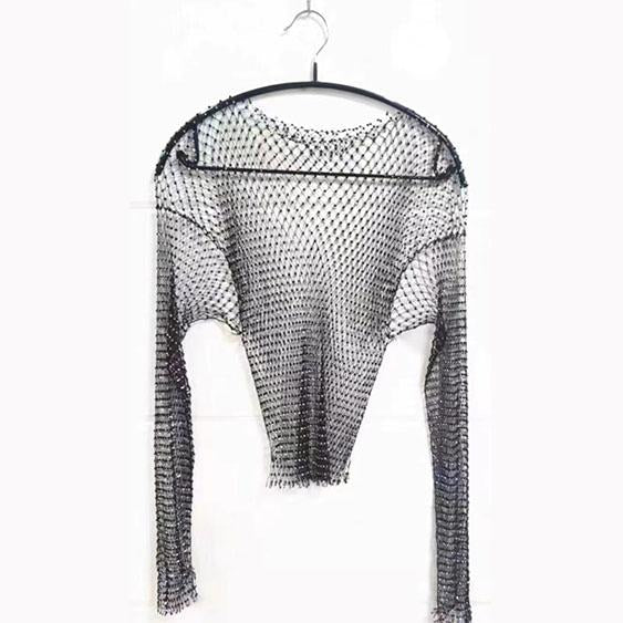 Beaded hollow out long sleeve fishnet see through top | dmunderwear detail image 5
