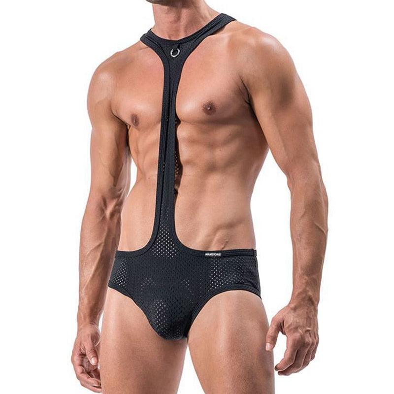 Black Breathable Mesh Gay Bodysuit | dmunderwear