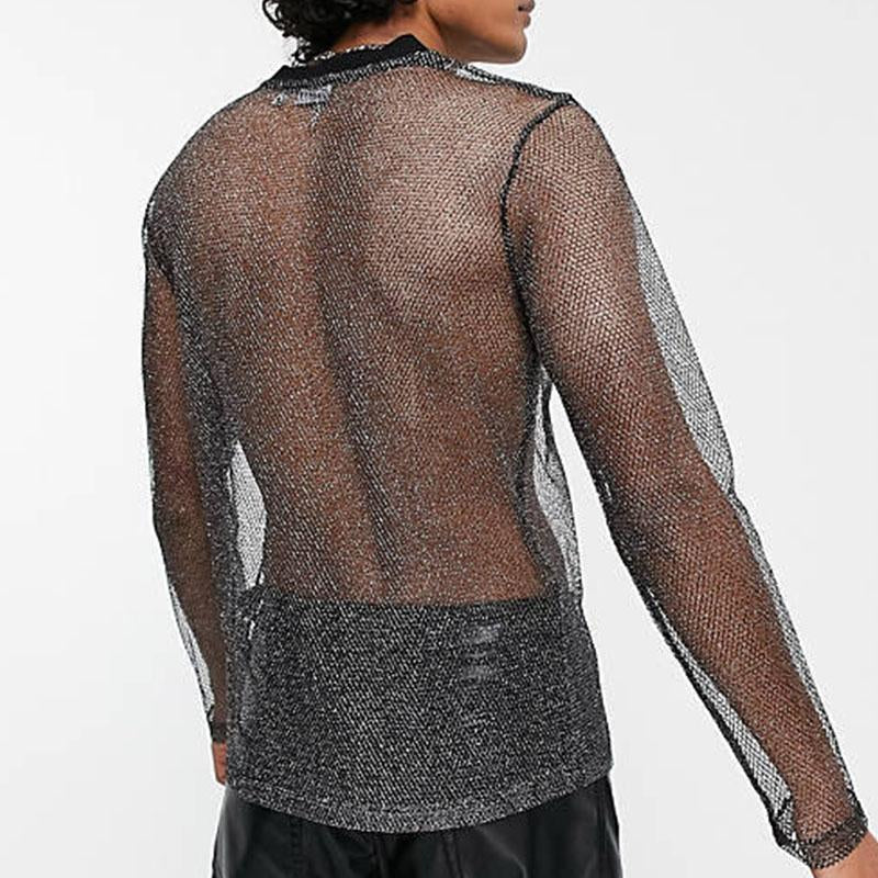 Crewneck long sleeve see through sheer mesh solid top | dmunderwear detail image 2