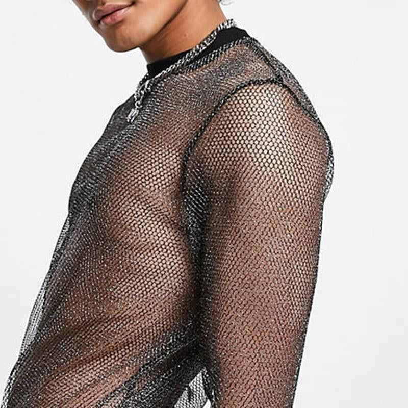 Crewneck long sleeve see through sheer mesh solid top | dmunderwear detail image 3
