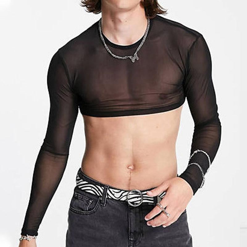 Crewneck see through long sleeve solid crop top | dmunderwear