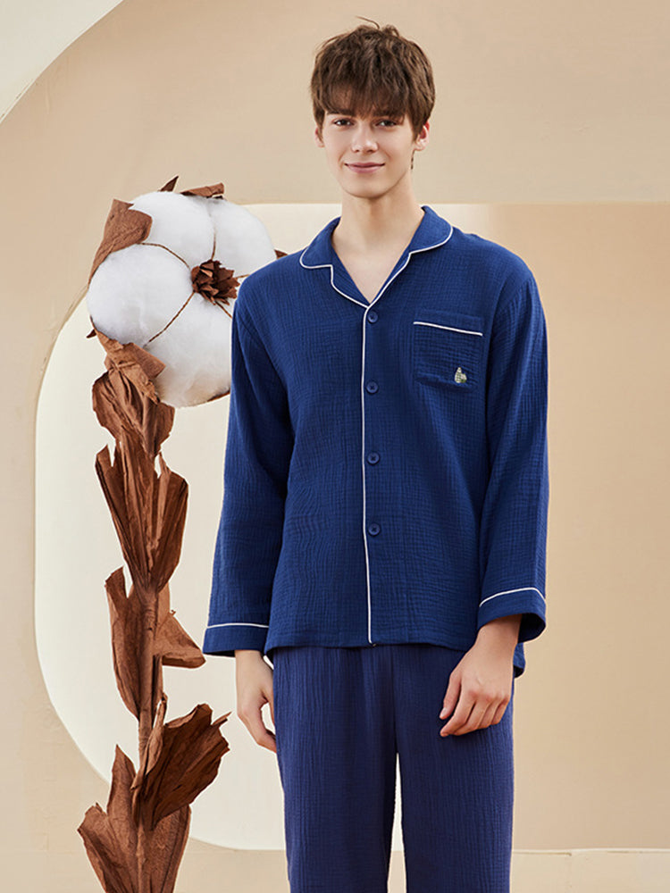 Double-layered Crepe 100% Cotton Solid Color Couple Pajamas Set | dmunderwear variant image