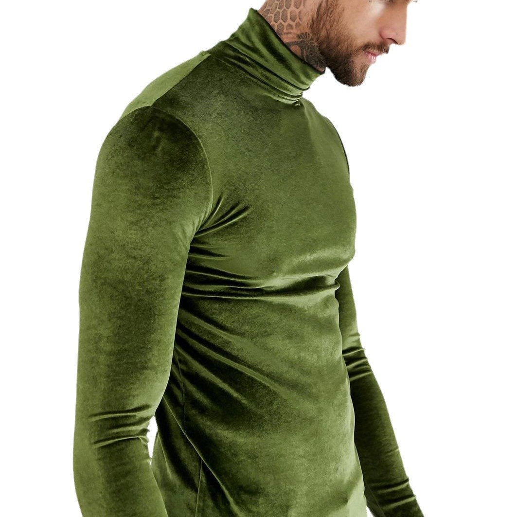 High neck long sleeve solid velvet patchwork top | dmunderwear