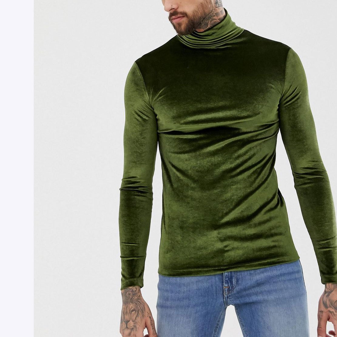 High neck long sleeve solid velvet patchwork top | dmunderwear variant image