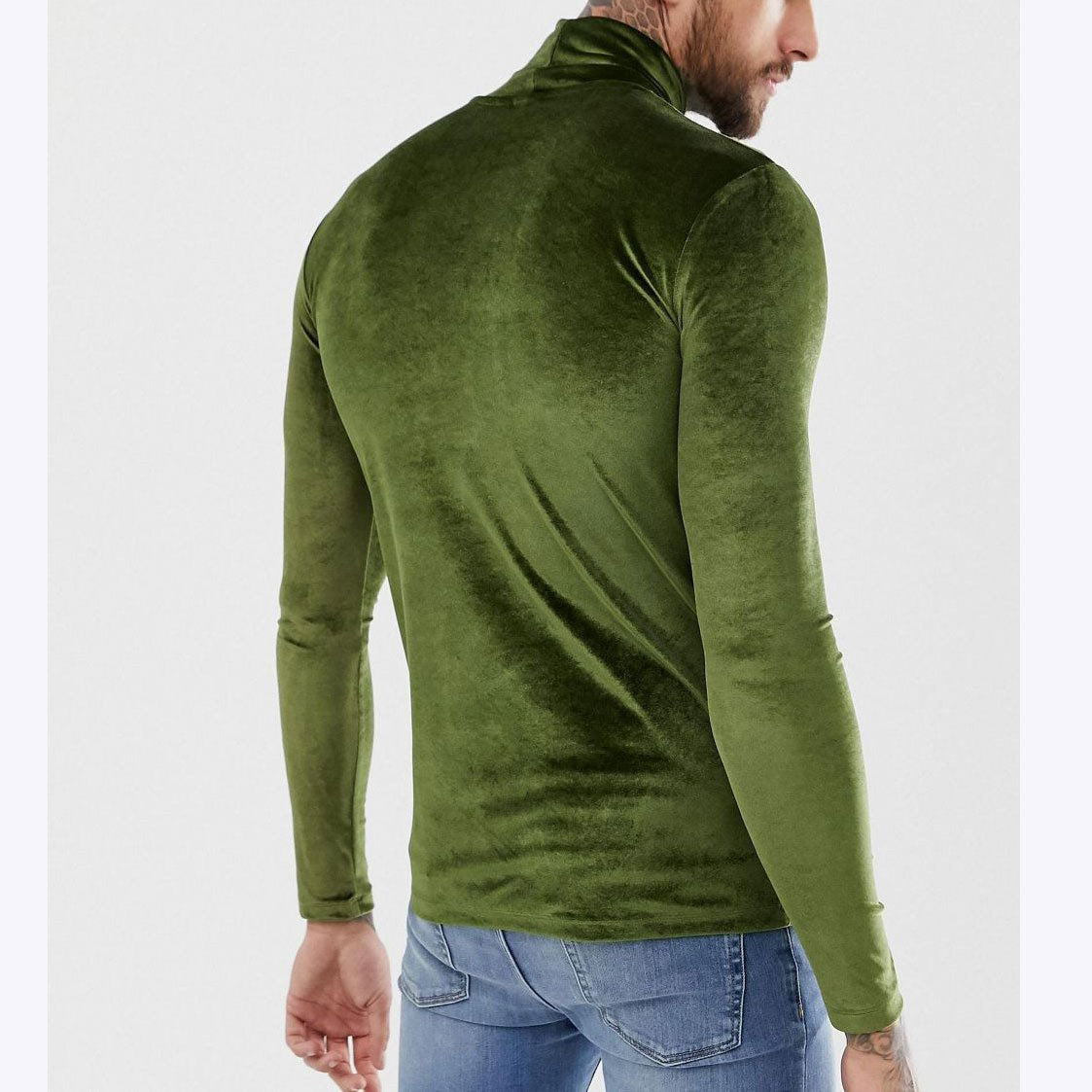 High neck long sleeve solid velvet patchwork top | dmunderwear detail image 3