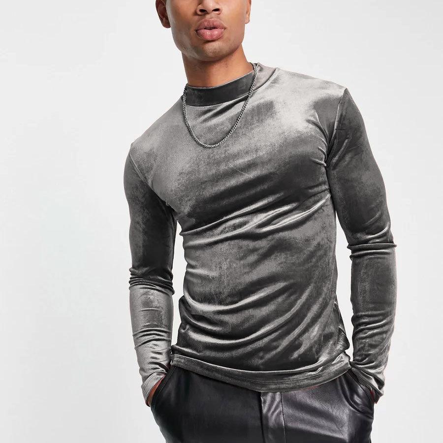 High neck long sleeve solid velvet patchwork top | dmunderwear detail image 5