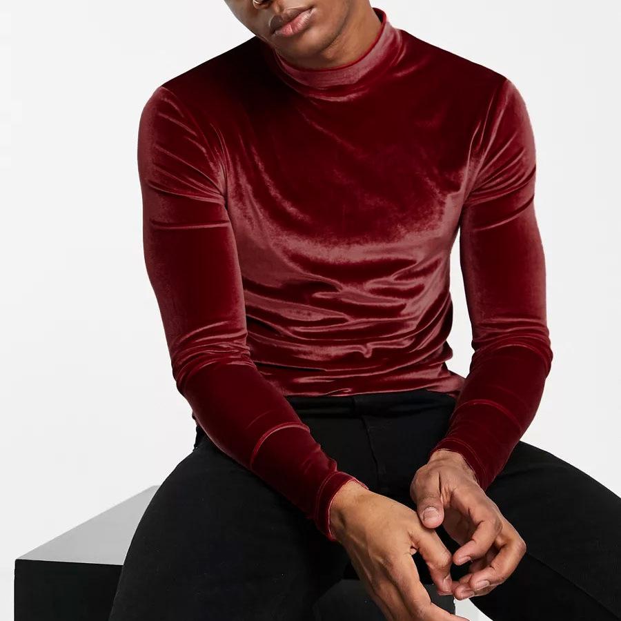 High neck long sleeve solid velvet patchwork top | dmunderwear detail image 6