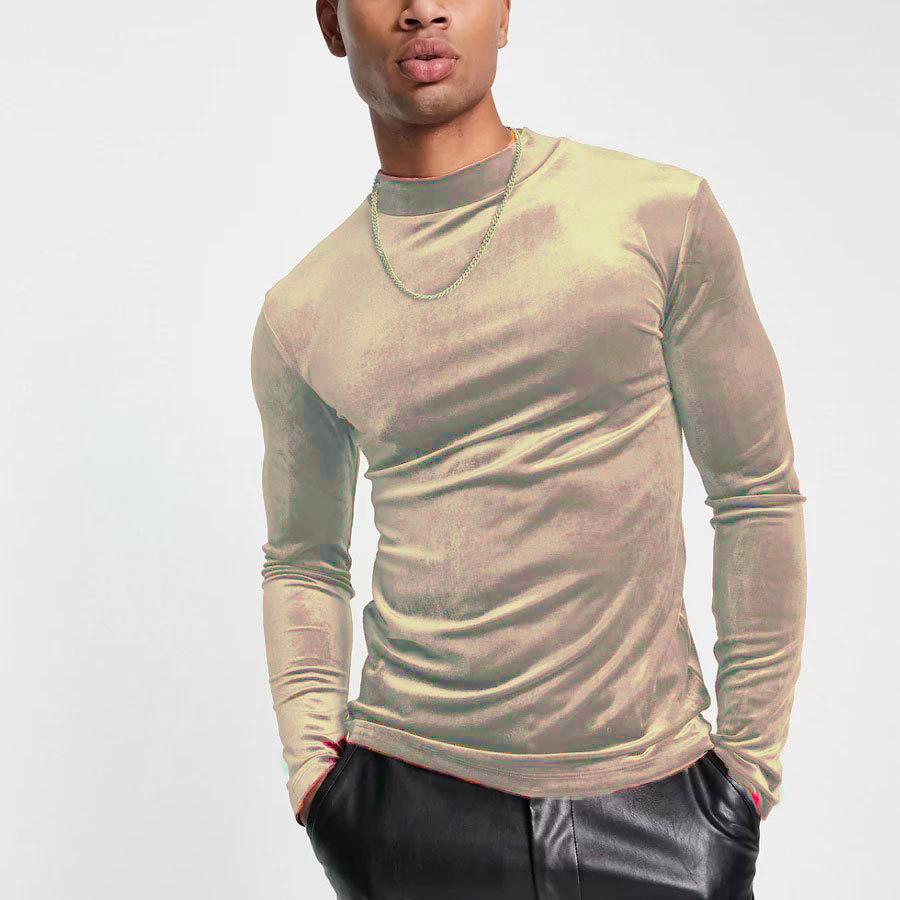 High neck long sleeve solid velvet patchwork top | dmunderwear detail image 7