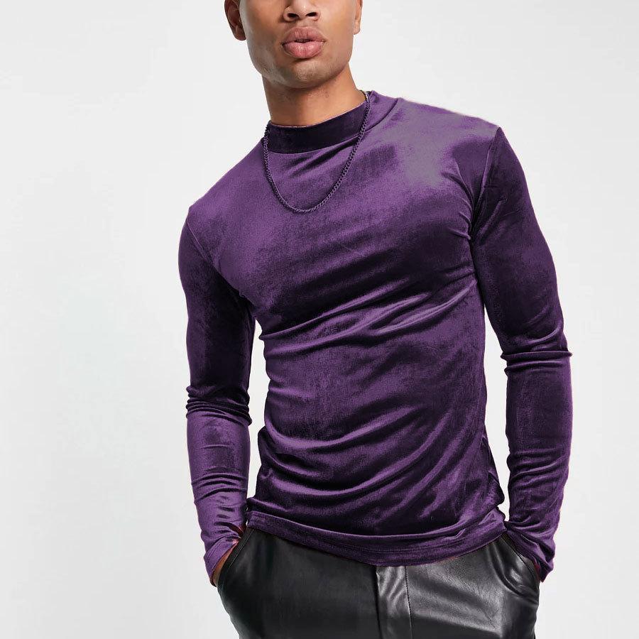 High neck long sleeve solid velvet patchwork top | dmunderwear detail image 9