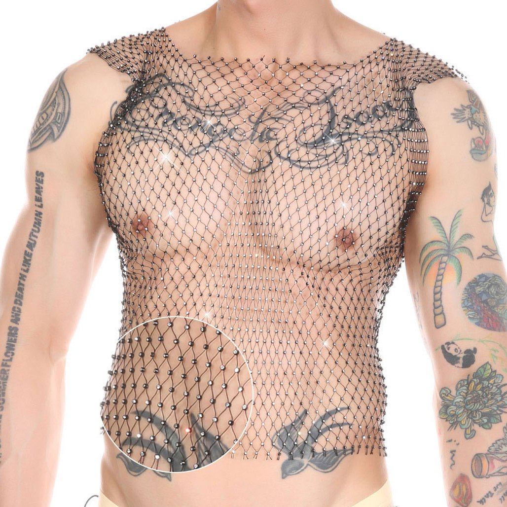 Hollow out fishnet beaded sleeveless square neck see through top | dmunderwear detail image 1