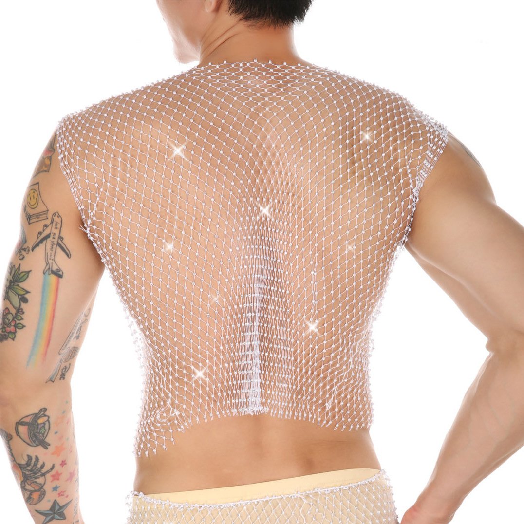 Hollow out fishnet beaded sleeveless square neck see through top | dmunderwear detail image 4