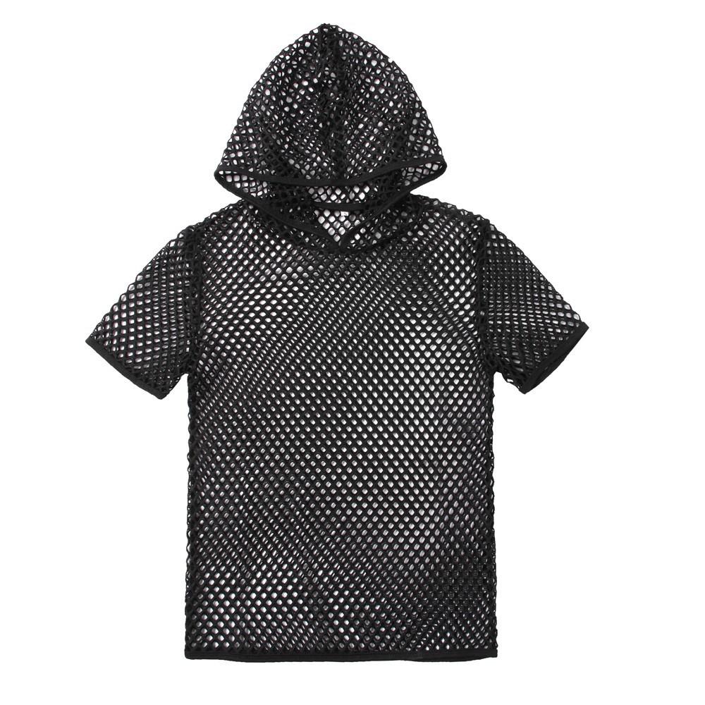 Hollow out hoodie short sleeve see through solid top | dmunderwear variant image