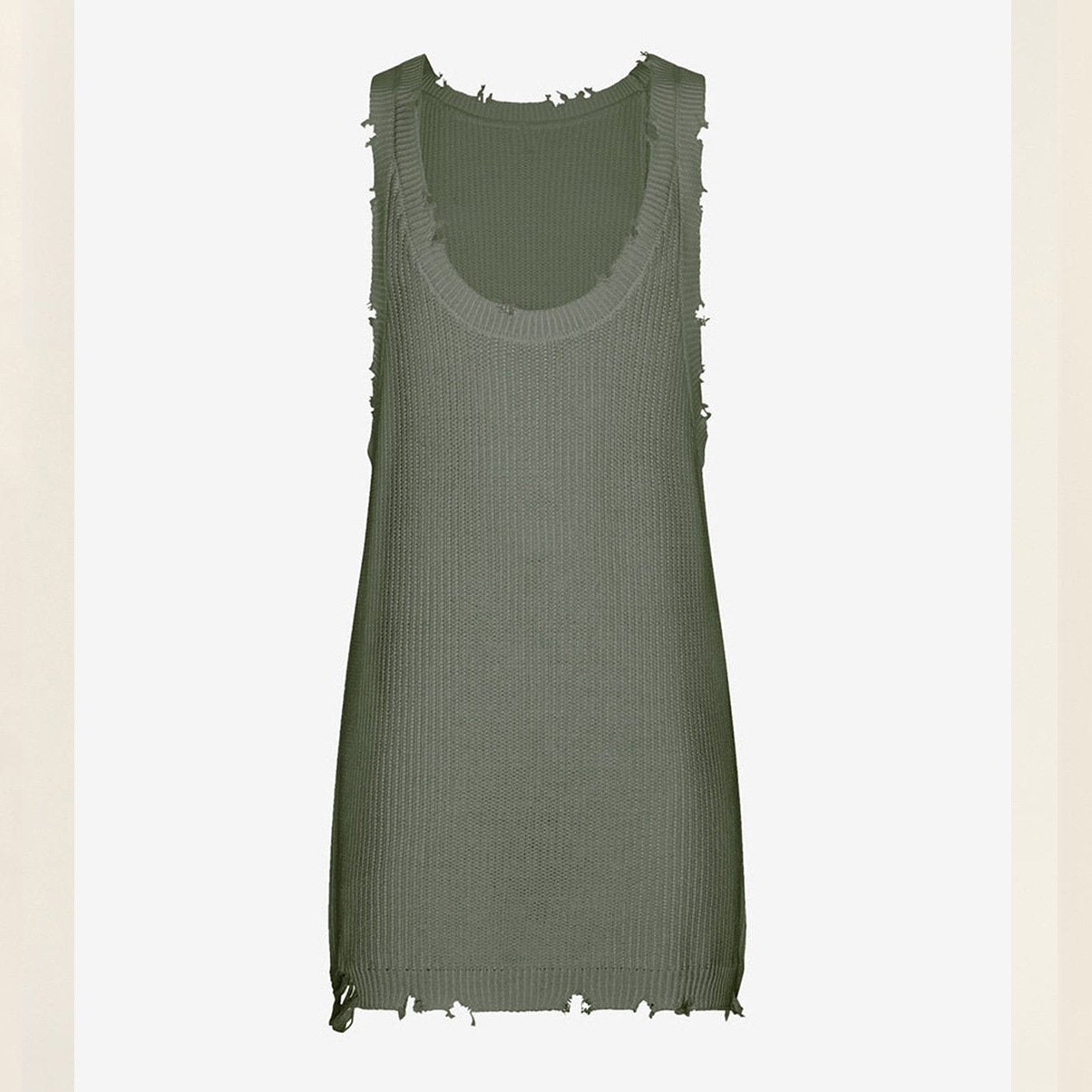 Knitted sleeveless raw hem low cut u neck solid top | dmunderwear detail image 7