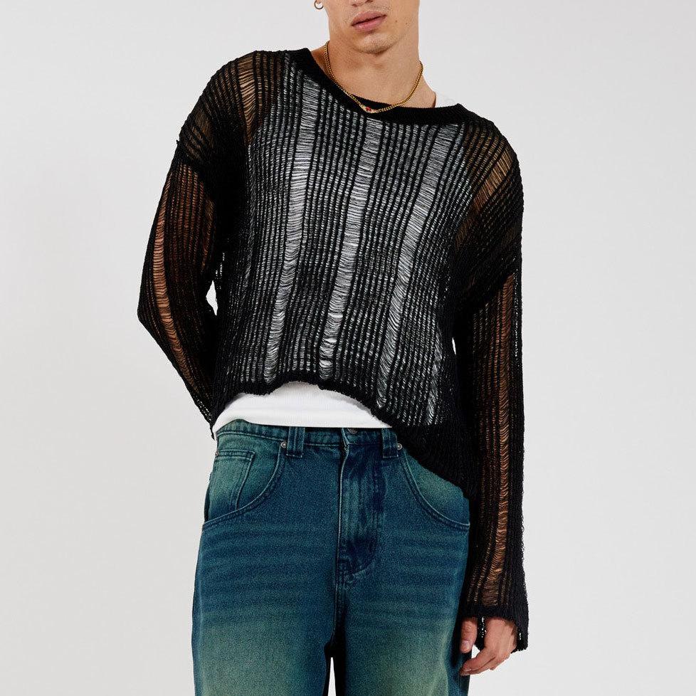 Long sleeve hollow out crewneck crochet solid top | dmunderwear