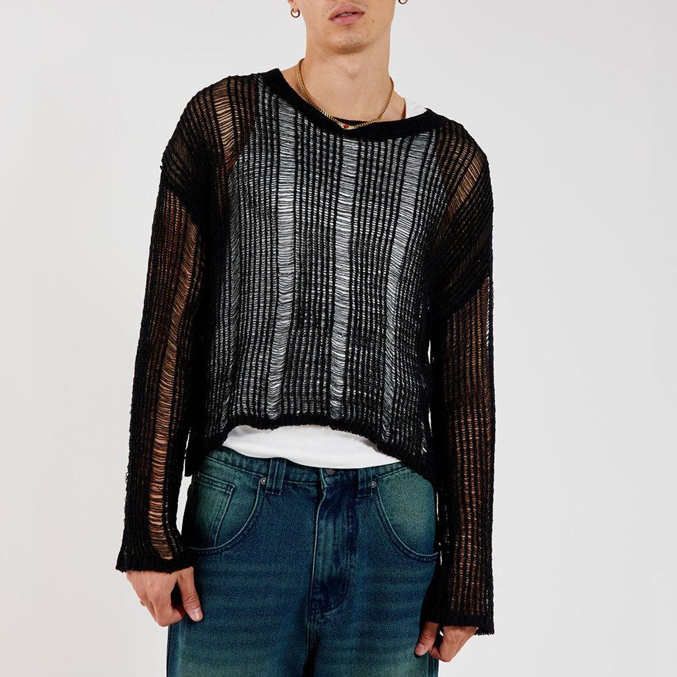 Long sleeve hollow out crewneck crochet solid top | dmunderwear detail image 3