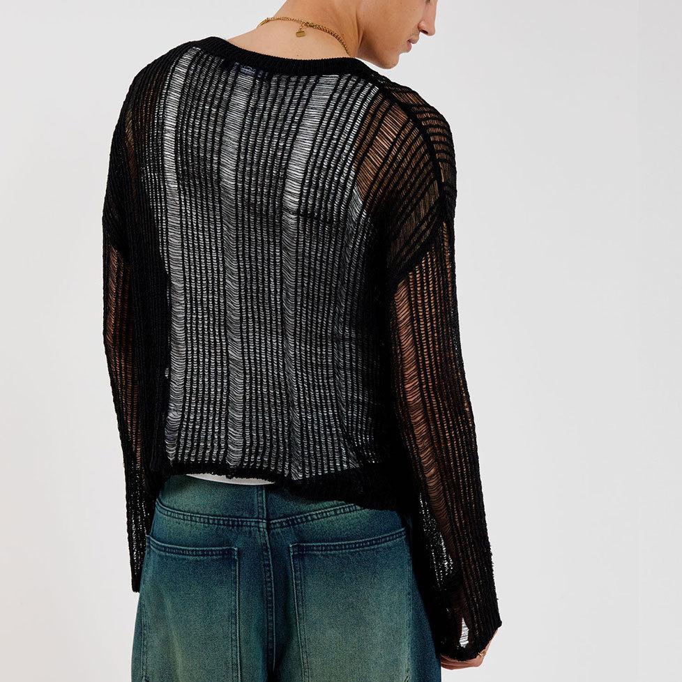 Long sleeve hollow out crewneck crochet solid top | dmunderwear detail image 4