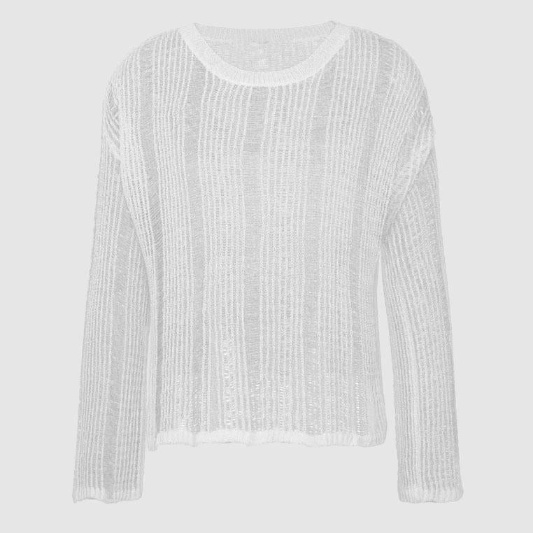Long sleeve hollow out crewneck crochet solid top | dmunderwear detail image 6