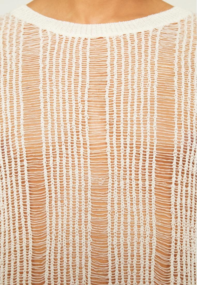 Long sleeve hollow out crewneck crochet solid top | dmunderwear detail image 7