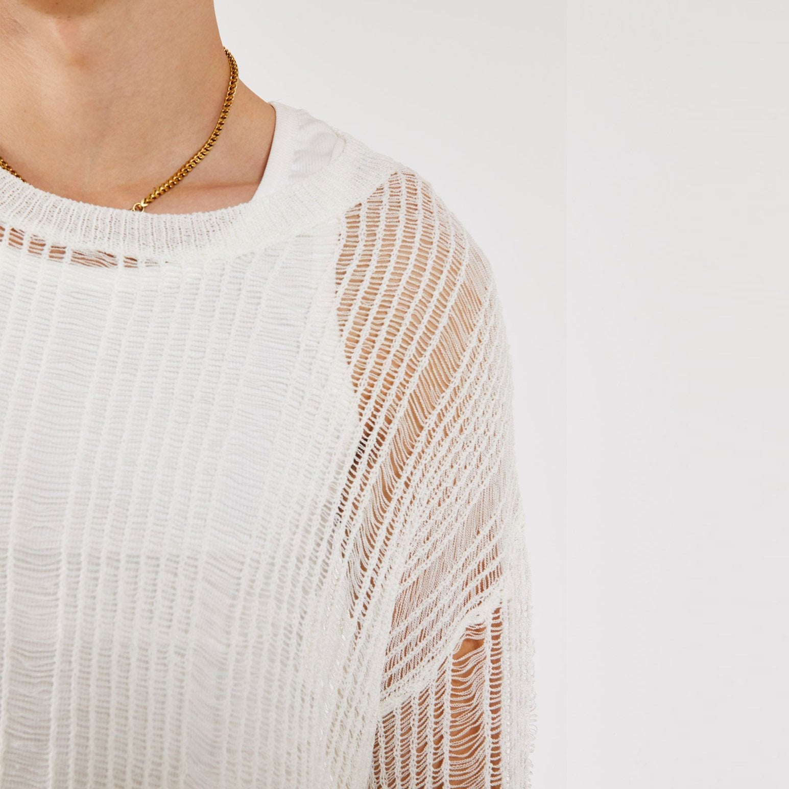 Long sleeve hollow out crewneck crochet solid top | dmunderwear detail image 8