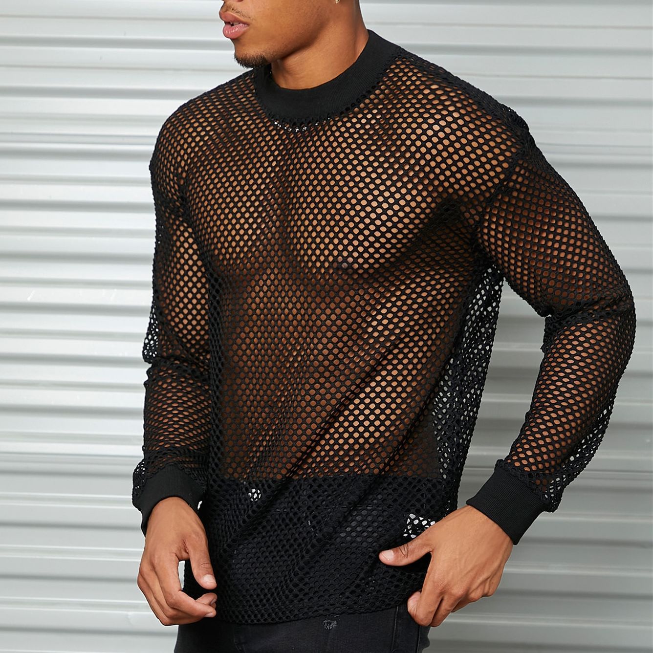 Long sleeve mesh see through hollow out crewneck top | dmunderwear