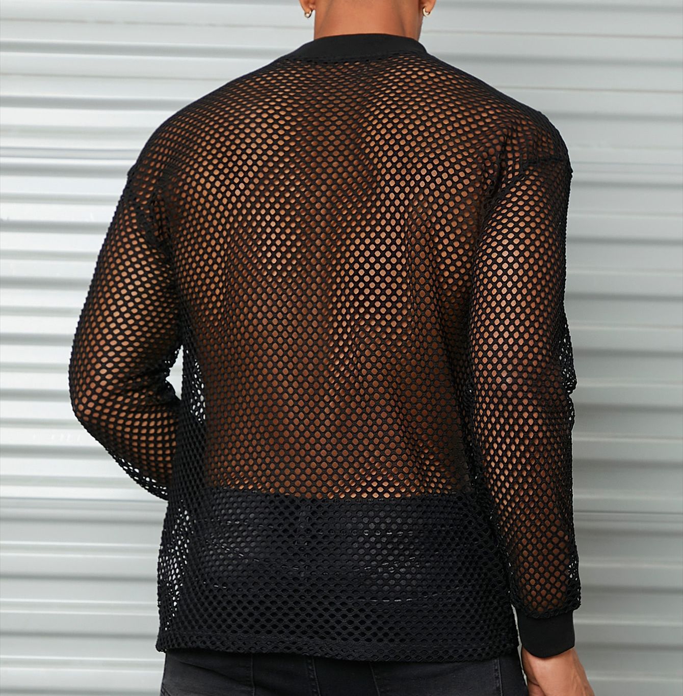 Long sleeve mesh see through hollow out crewneck top | dmunderwear detail image 3