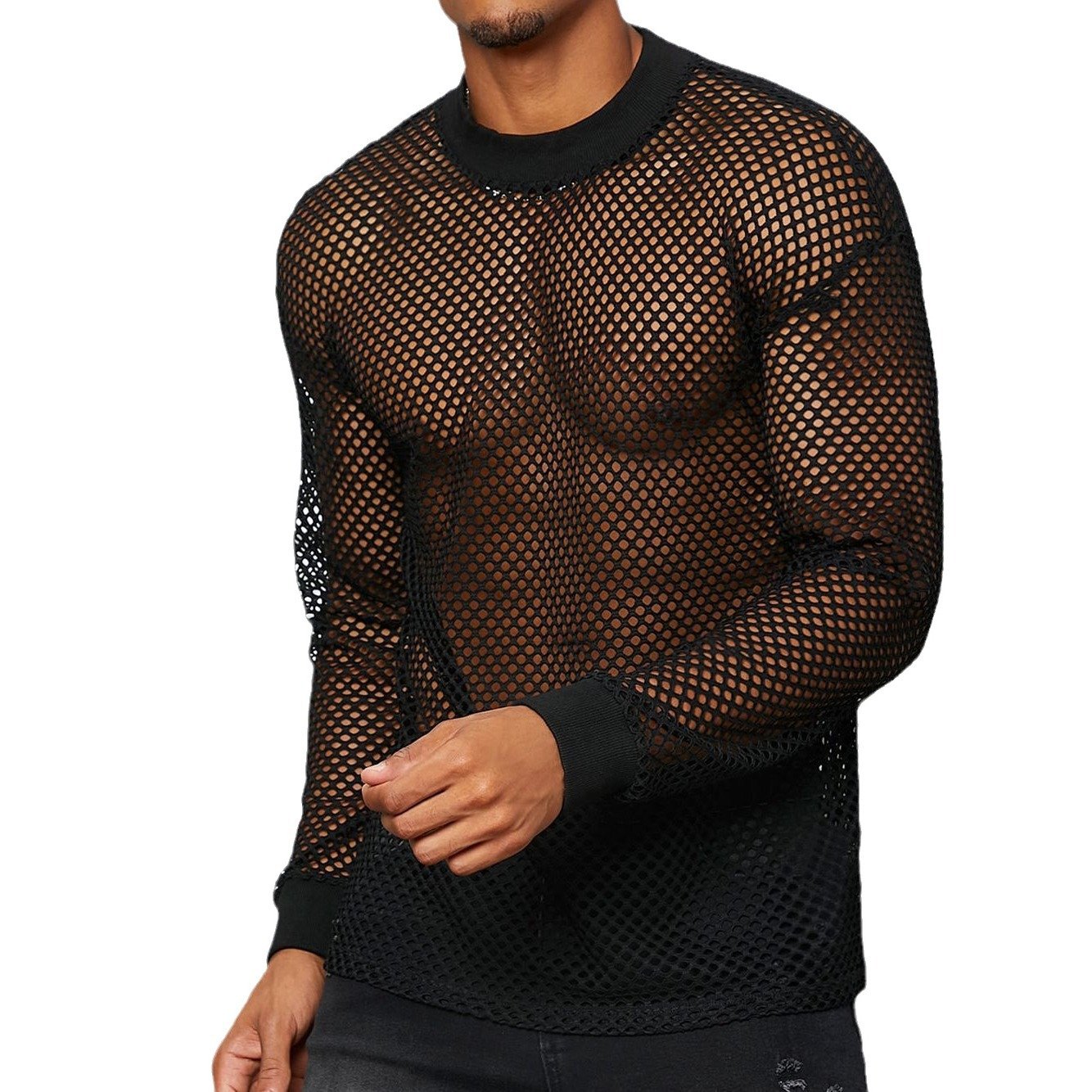 Long sleeve mesh see through hollow out crewneck top | dmunderwear detail image 4