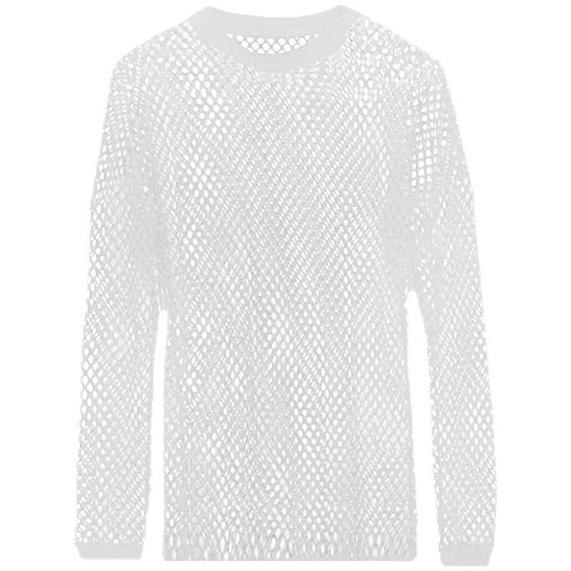 Long sleeve mesh see through hollow out crewneck top | dmunderwear detail image 6
