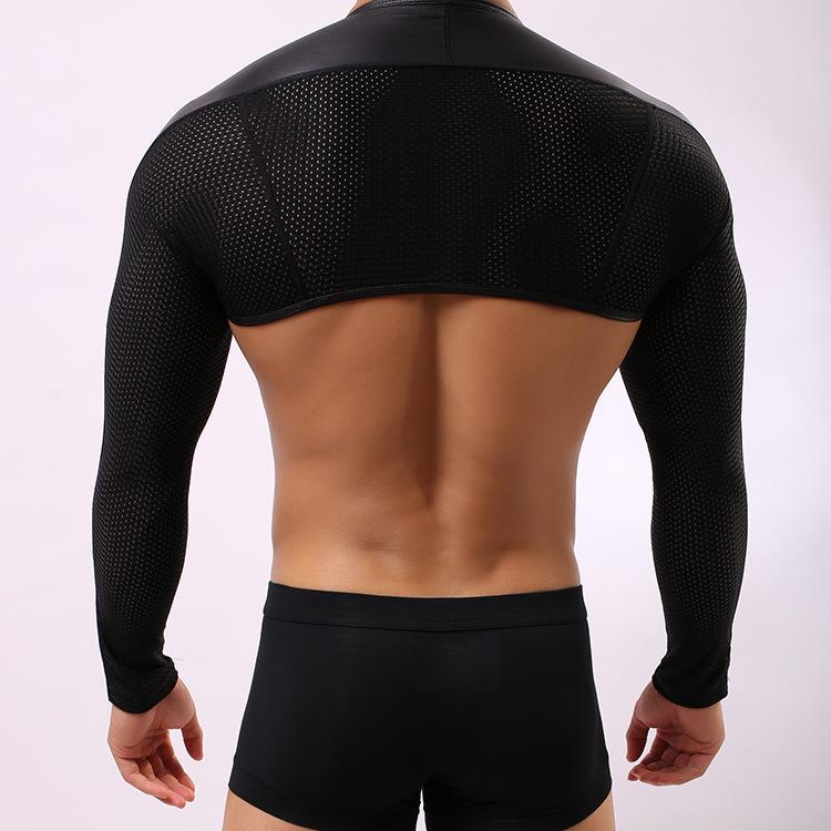 Long sleeve shrug PU leather patchwork mesh top | dmunderwear detail image 3
