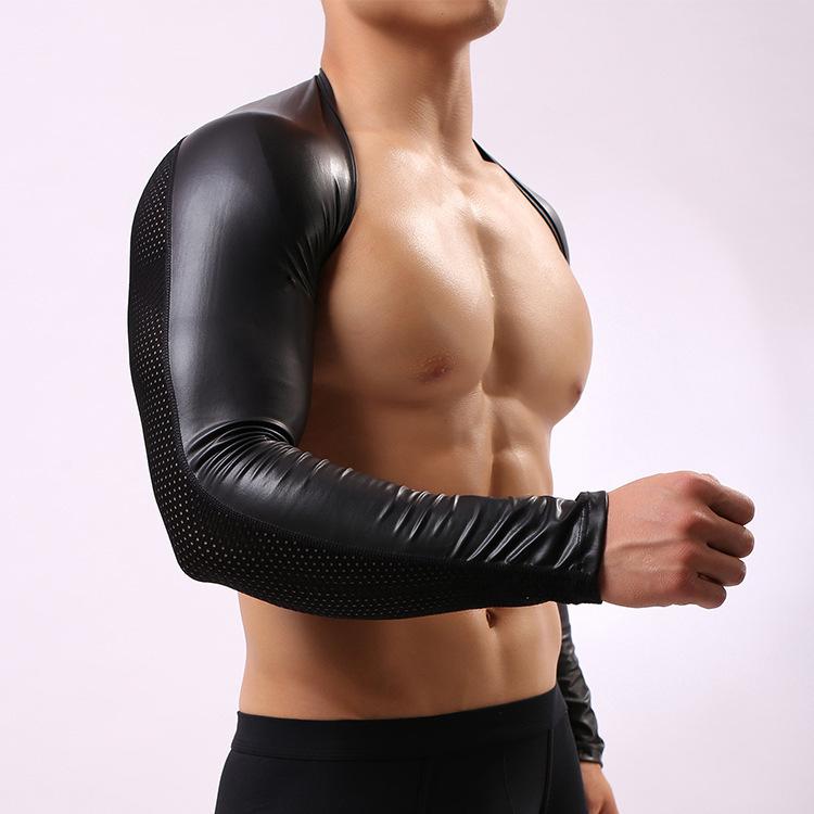 Long sleeve shrug PU leather patchwork mesh top | dmunderwear detail image 4