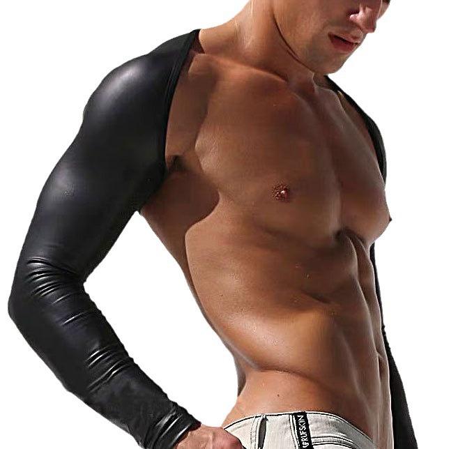 Long sleeve shrug PU leather patchwork mesh top | dmunderwear detail image 5