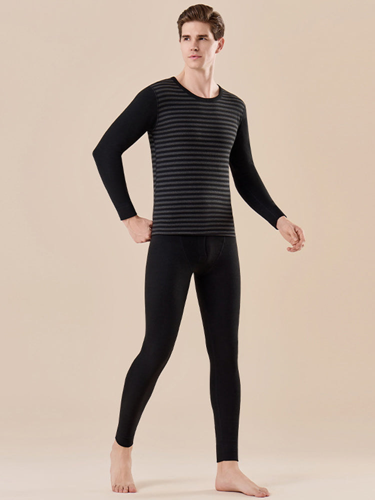 Men's Antibacterial Thickened Brushed Slimming Horizontal Stripe Design Thermal Sets | dmunderwear variant image