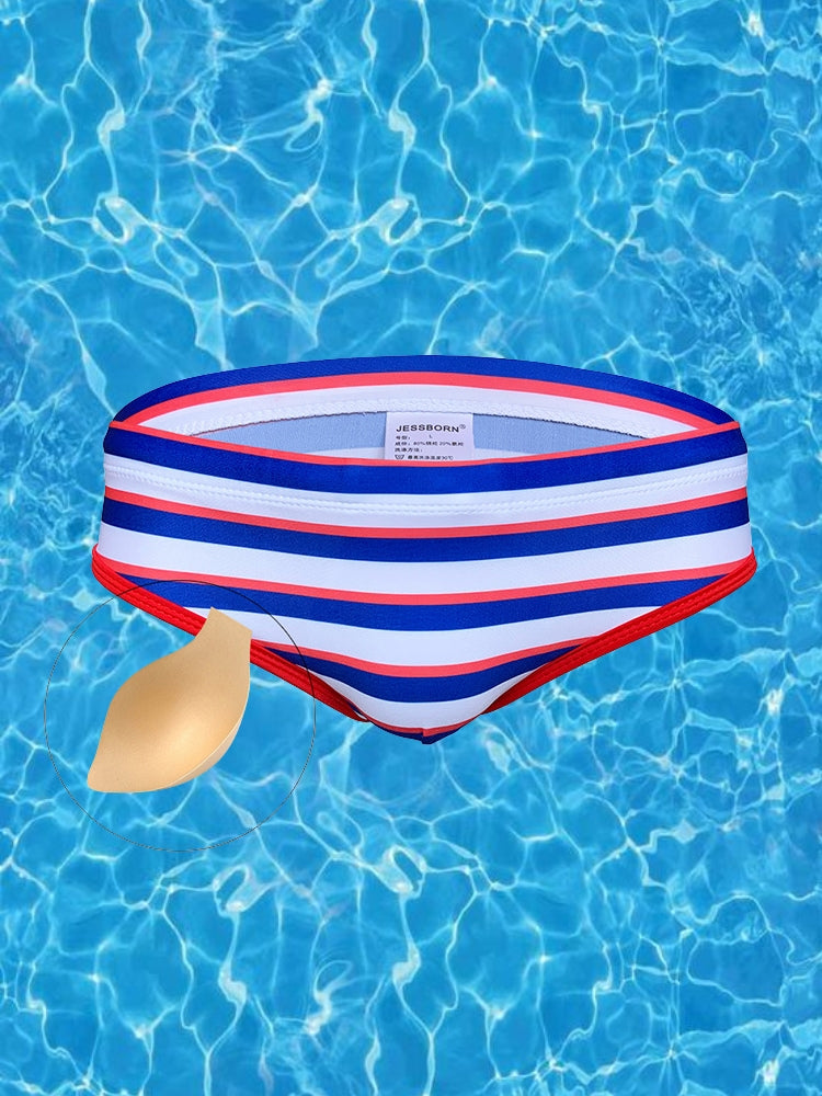 Men's Blue & White Striped Comfy Waistband Swim Briefs | dmunderwear detail image 1