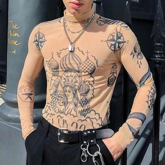 Men's long sleeve high neck print contrast top | dmunderwear detail image 4
