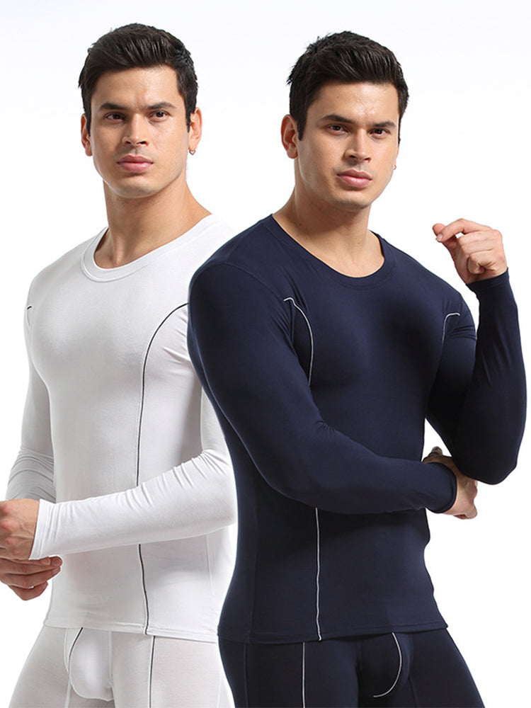 Men's Round Neck Solid Color Bamboo Fiber Thermal Underwear Set | dmunderwear detail image 1