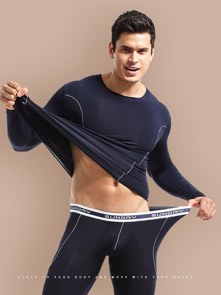 Men's Round Neck Solid Color Bamboo Fiber Thermal Underwear Set | dmunderwear detail image 3