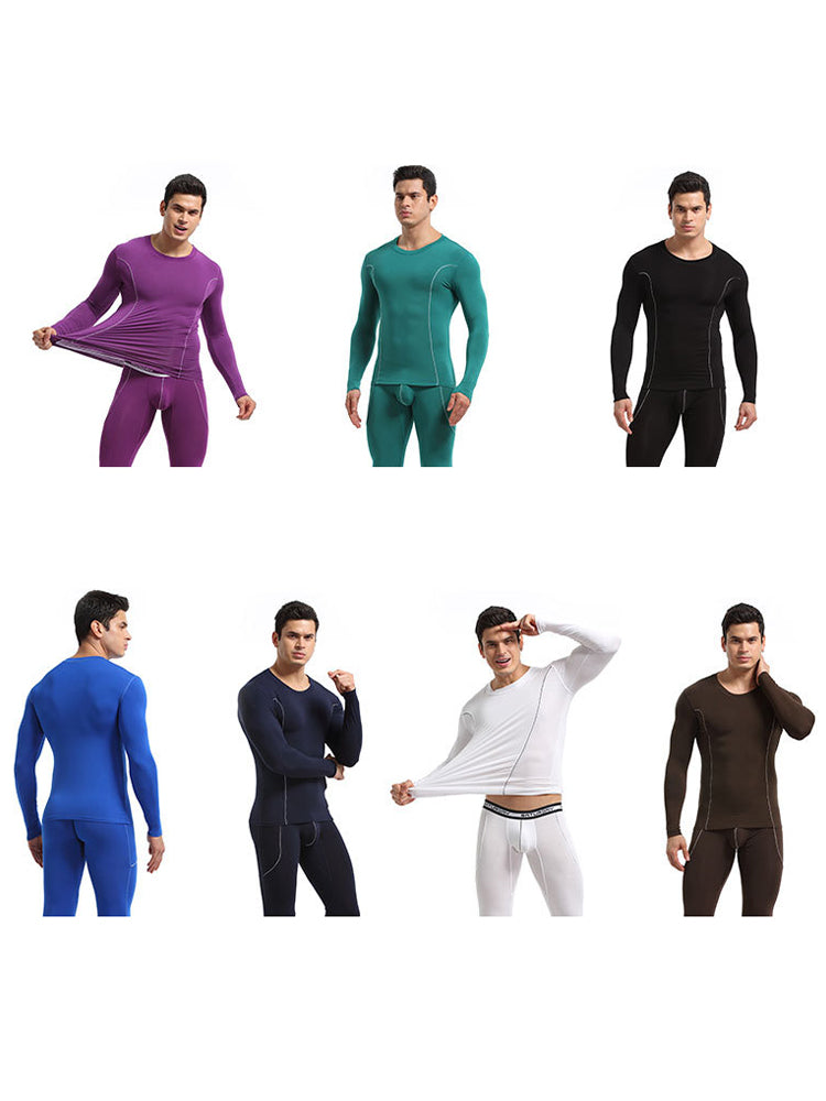 Men's Round Neck Solid Color Bamboo Fiber Thermal Underwear Set | dmunderwear detail image 4