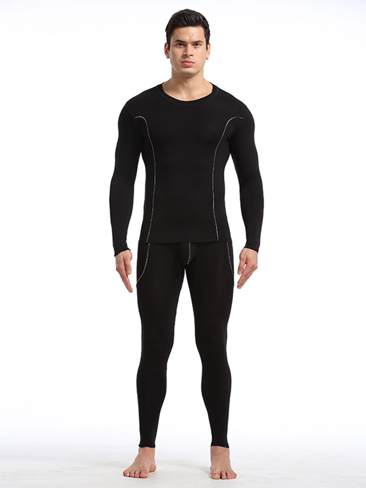 Men's Round Neck Solid Color Bamboo Fiber Thermal Underwear Set | dmunderwear detail image 7