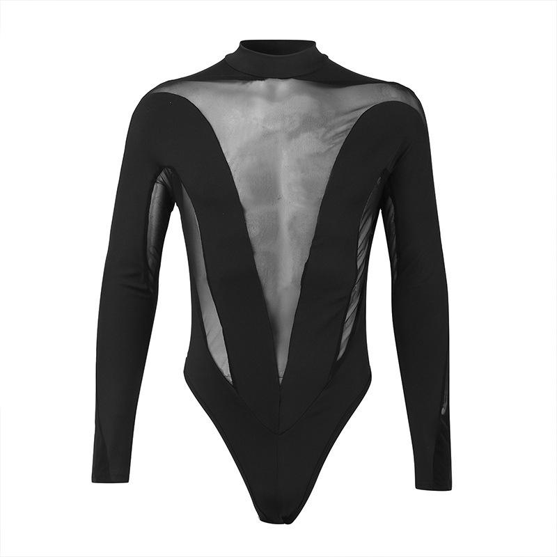 Patchwork mesh long sleeve crewneck button bodysuit | dmunderwear