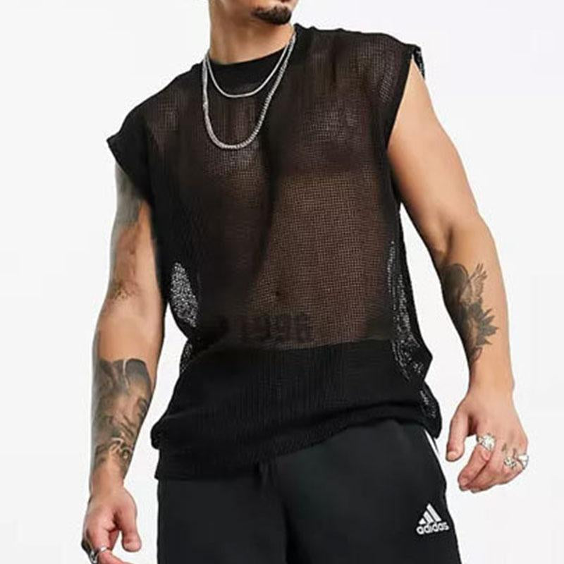 Plaid sleeveless crewneck see through hollow out top | dmunderwear